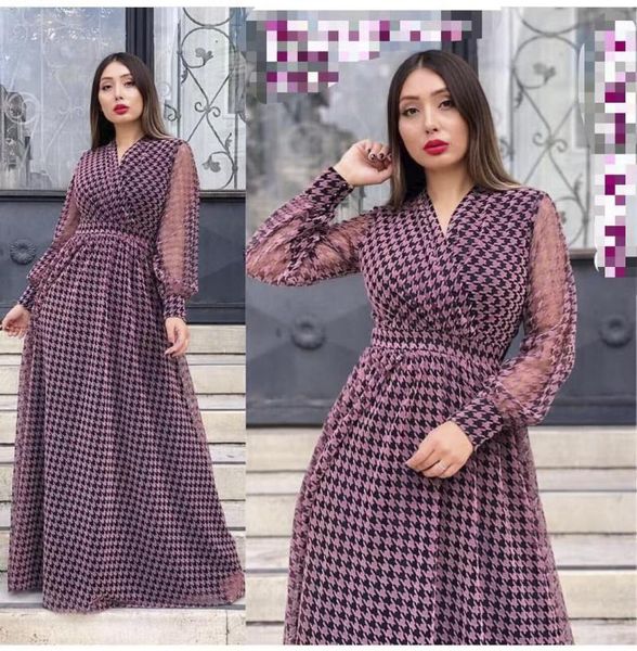 

casual dresses 2021 summer women's long-sleeved dress fashion chiffon v-neck high waist slim and temperament print contrast, Black;gray