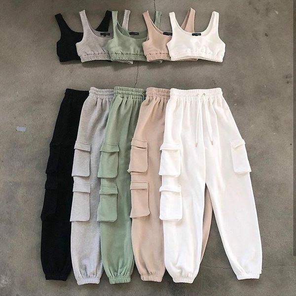 

casual sweatpants with pockets women capri solid color elastic waist thickened joggers trousers autumn winter drawstring sports pants, Black;white