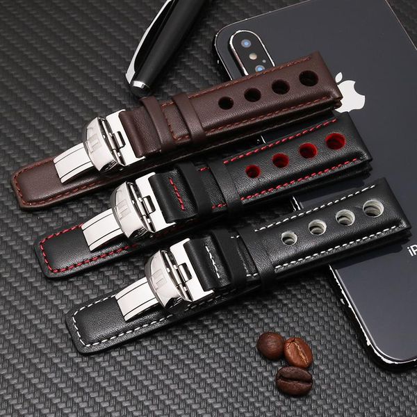 

watch bands 20mm t91 leather strap strasting steel handmade watchband, Black;brown