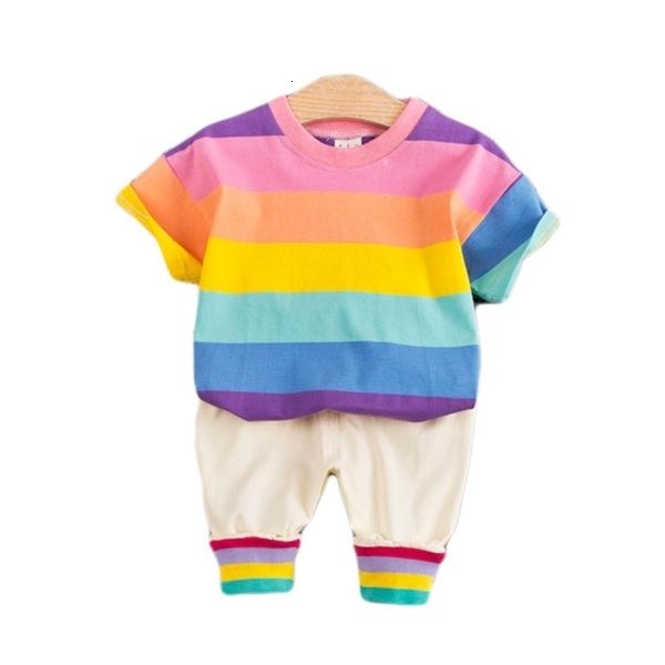 

summer baby girls boys clothing sets toddler infant clothes suits cotton rainbow t shirt strap shorts 2pcs kids children costume c0225, White