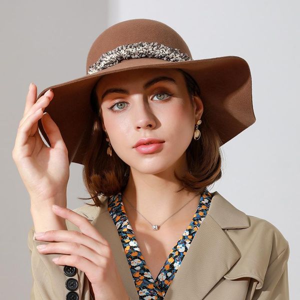 

stingy brim hats rippled edge ladies fedora women autumn winter wool felt sunscreen wind-resistant fashion panama hat sunbonnet jazz cap, Blue;gray