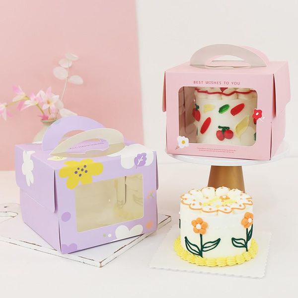 

gift wrap 5/10 pcs 4 inch cake box with transparent window white paperboard printed flower bags for bakery dessert mousse boxes