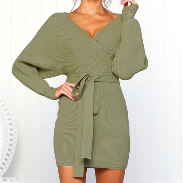 

casual dresses women dress autumn hollow out lady v-neck long sleeve female lace-up sweater 2021 streetwear, Black;gray