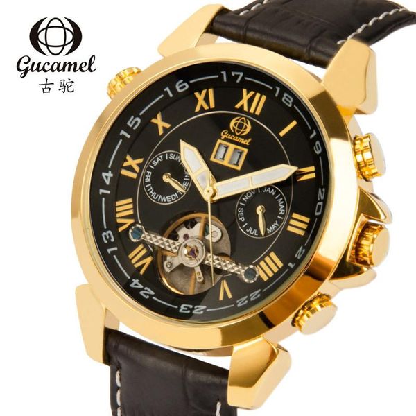 

wristwatches tourbillon automatic mechanical watch men gucamel brand leather strap luxury business men`s clock male gift g065, Slivery;brown