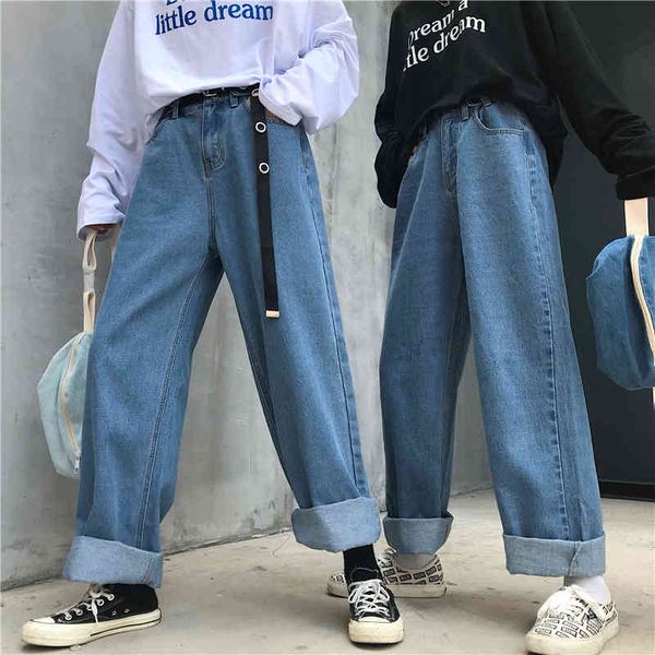 

high waist jeans pants women boyfriend for harajuku denim harem ladies wide leg blue 210429