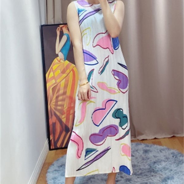 

dress miyake fold o-neck geometric print the sleeveless big straight, Black;gray