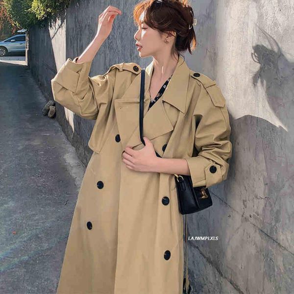 

women's trench coats spring autumn women coat long double-breasted with belts flaps england style duster cloak female outerwear, Tan;black