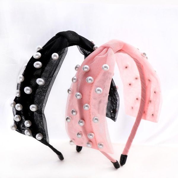 

spring bohemian organza lace pearl big bow hairband turban hair accessories1