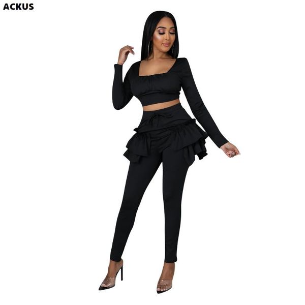 

women's two piece pants ackus women set solid crop + ruffles pencil 2 sets female fashion outfits active tracksuit for joggers fall, White