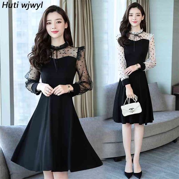 

vintage black dot mesh boho dresses summer 4xl plus size solid midi sundress women elegant bodycon party vestidos 210528, Black;gray
