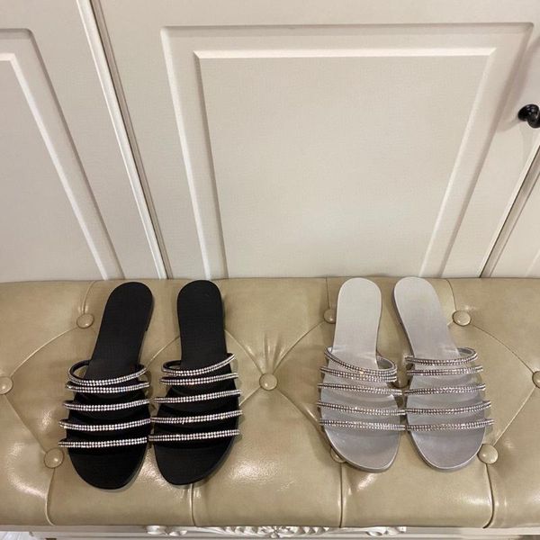 

sell women elegant crystal flat slippers ladies solid color genuine leather slides designers design shoes, Black