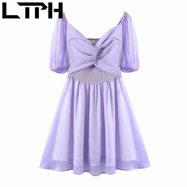 

thin purple elegant vintage women dress puff sleeve high waist kink slim chiffon a-line dresses spring summer 210427, Black;gray