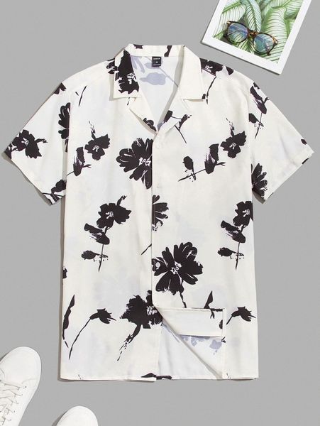 

men floral print button front lapel neck shirt b1ag#, White;black