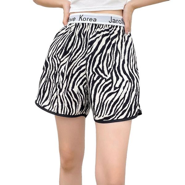 

women's shorts summer zebra striped letters wide leg women elastic high waist slim fit casual loose sport female sweatshorts, White;black