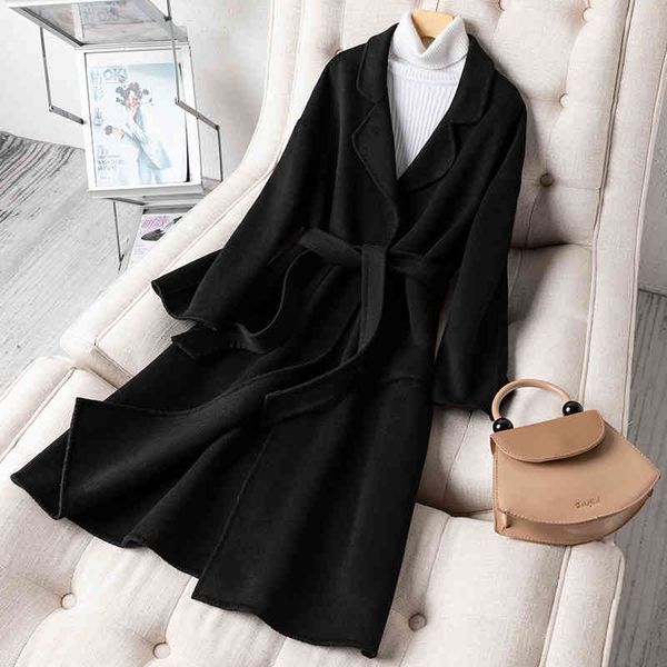 

women's wool & blends double-sided cashmere hand-stitched loose casual belt woolen coat jum g39b, Black