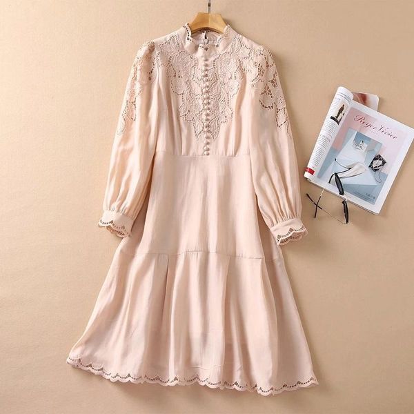 

casual dresses women's dress 2021 autumn party events women hollow out embroidery patchwork long sleeve a-line vintage robe, Black;gray