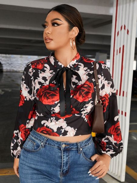 

plus floral print tie neck lantern sleeve blouse s6gp#, Black