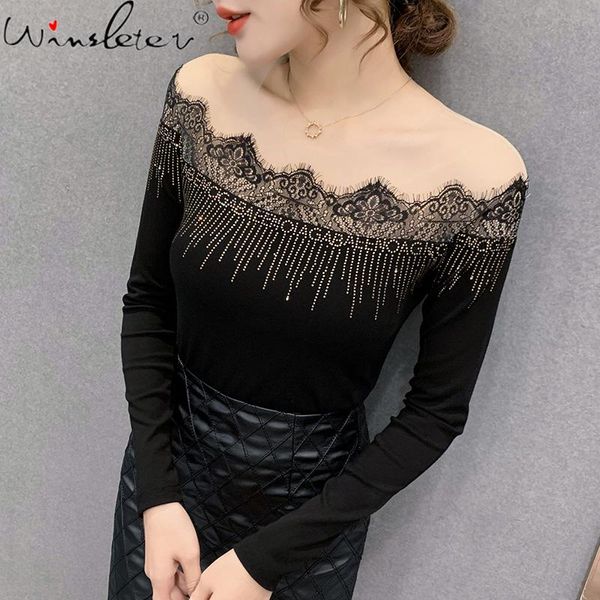 

spring fall cotton t-shirt european clothes girls off shoulder shiny diamonds pathwork lace women tees 2021 t11901a women's, White