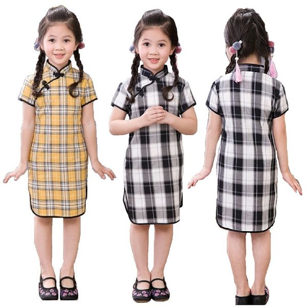 

grid summer baby girls dress chinese spring festival girl clothes chipao dresses 100% cotton children cheongsam qipao vestidos 210413, Red;yellow