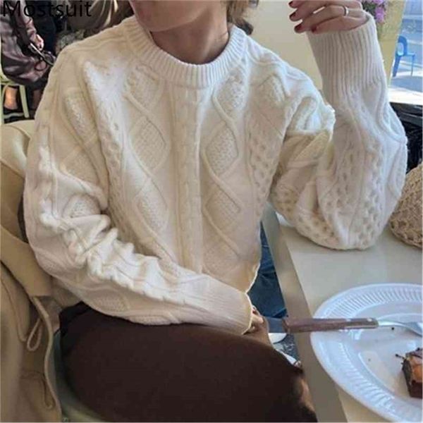 

women twisted knitting sweater long sleeve o-neck female vintage casual pullover thicken lazy style loose knitted sweaters 210513, White;black