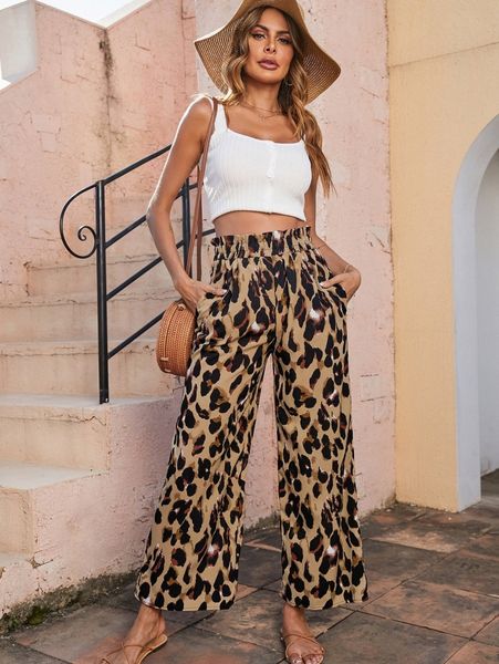 

allover print paperbag waist wide leg pants u9y1#, Black;white