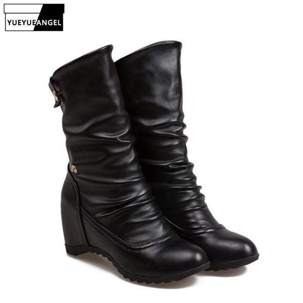 

plus size 43 ankle boots women street white pu leather slip on wedges zapatos de mujer two wear fashion dance, Black