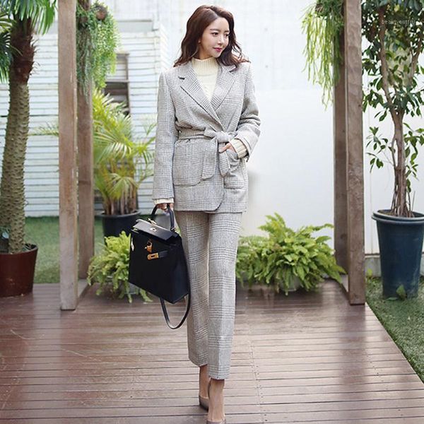 

women's suits & blazers 2021 winter thick woolen blazer coat and pants women elegant plaid print wear to work office two pieces sets, White;black