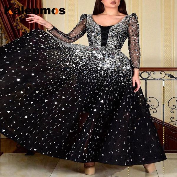 

casual dresses sequins maxi dress women kalenmos big swing lace mesh long sleeve round neck black empire solid womens club party vestid, Black;gray