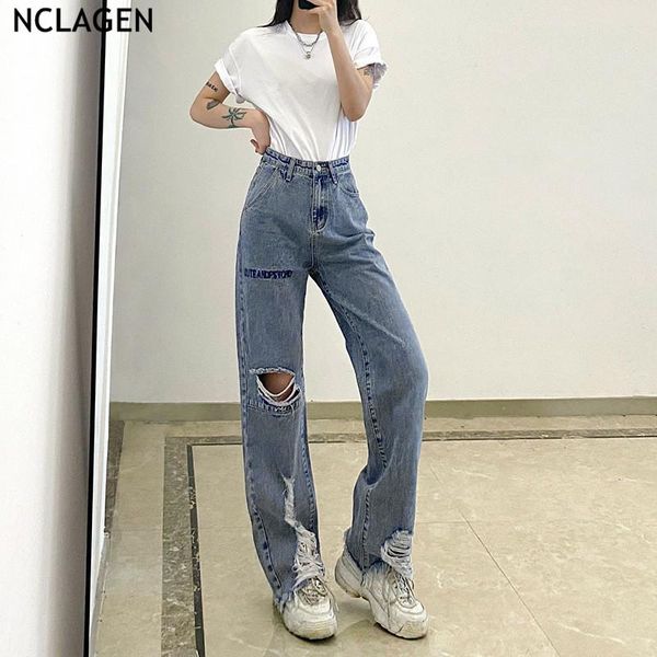 

letter embroidery ripped hole high waist straight pants 2021 fashion disco jeans pant women stylish vintage denim capris women's, Blue