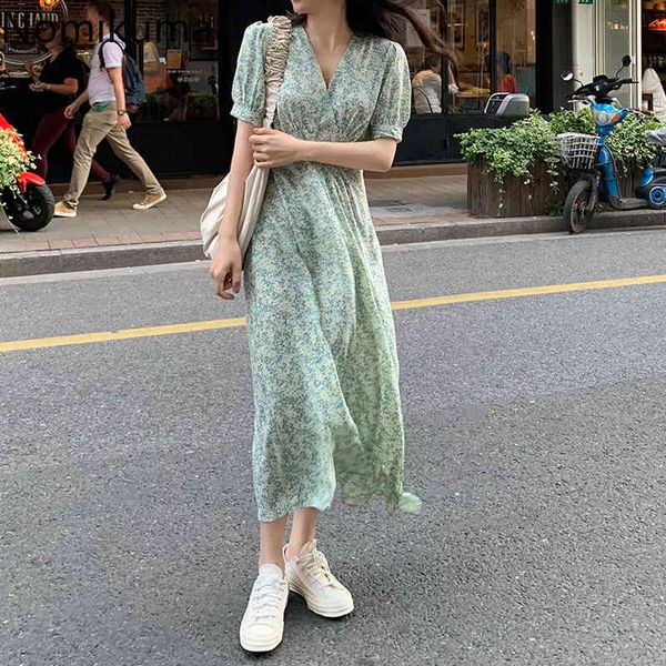 

nomikuma v neck summer dress women slim waist puff sleeve a line floral printed dresses female korean style chic robe femme 210514, Black;gray