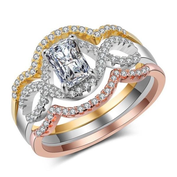 

wedding rings rose gold color three finger with pins for women 3 colors paved cubic zirconia stones jewelry party gift, Slivery;golden
