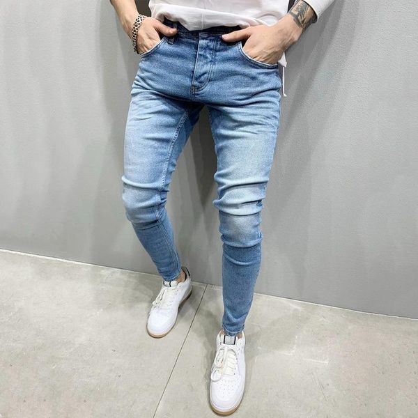 

men's jeans laamei for men elastic waist skinny stretch ripped pants streetwear mens denim casual blue pencil