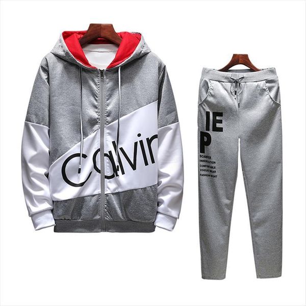 

2 pieces sets men tracksuit plus size  4xl 5xl striped mens sports suit male zipper hoodie pants sportswear boy, Gray