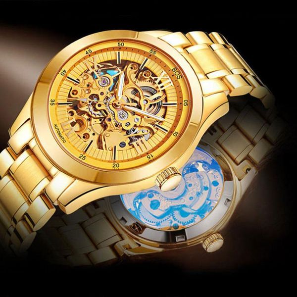 

luxury full gold skeleton mechanical watches for men original brand automatic self-wind transparent wristwatch steel montre wristwatches, Slivery;brown