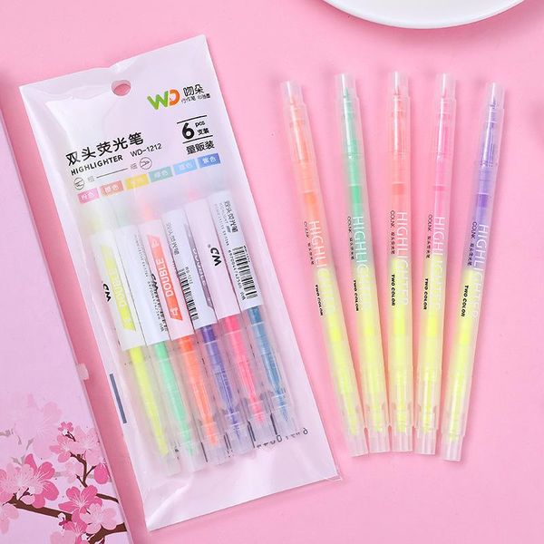 

highlighters 60pcs simple highlighter pen double head writing 2 in 1 marker student 6 colors learning mark 10 bags, Black;red