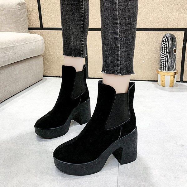 

boots women rouund toe women's shoes 2021 fashion slip on woman 9.5cm heel black basic 35-40
