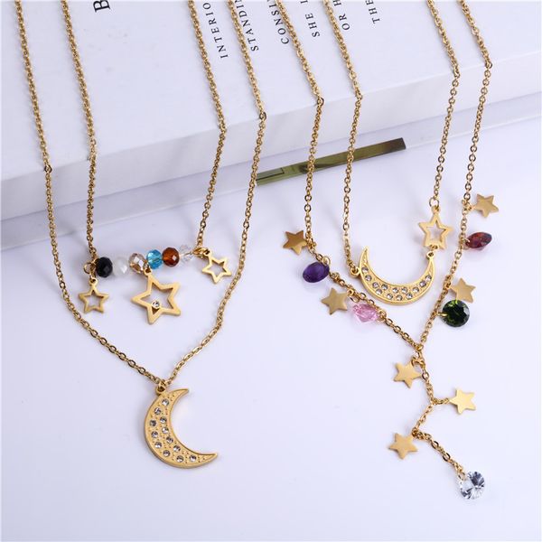 

design jewelry fashion accessories set moon star stainless steel multi-layer necklace and steel earrings, Silver