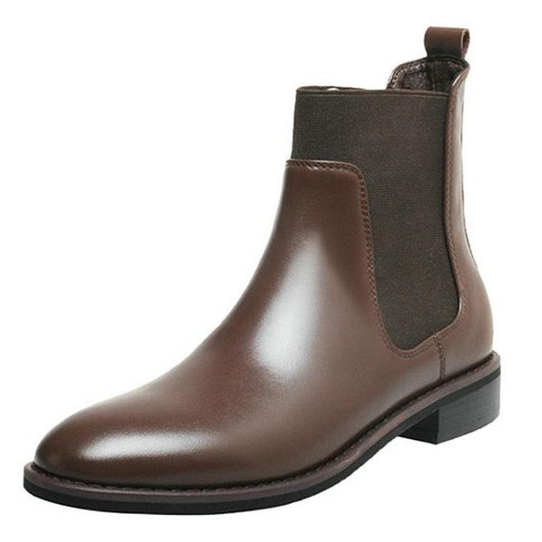 

boots round toe ankle 2021 winter est low heels for women slip-on genuine leather office lady basic shoes woman, Black
