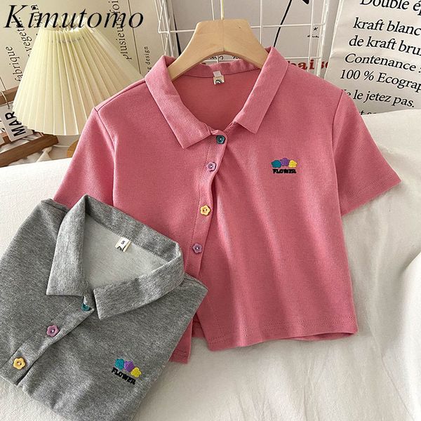 

kimutomo sweet embroidery t-shirt women turn-down collar short sleeve chic irregular buttons open umbilical summer 210521, White