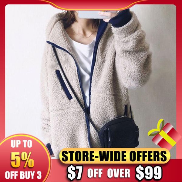 

women's jackets 2021 fashion loose long sleeve zipper color scheme medium fleece warm fold collar coats, Black;brown