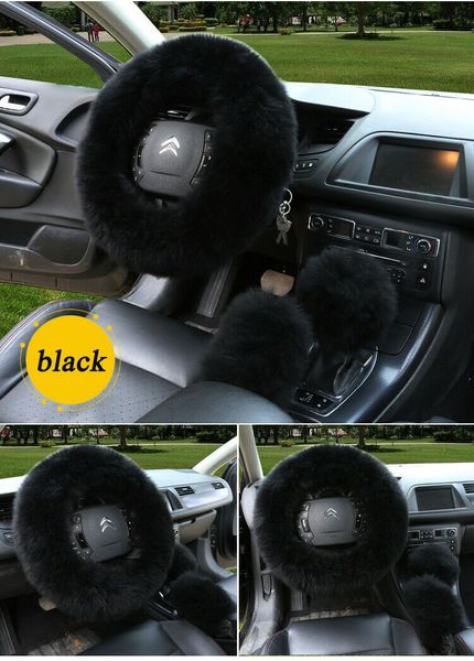 

3pcs fluffy real fur long wool furry thick car steering wheel cover accessories