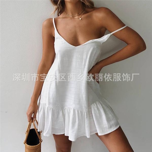 

big 2020 new swing women's summer cotton suspender hemp dress, White;black