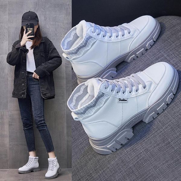 

boots women girl snow korean british style woman leather sneakers casual women's boot trend warm fur plush shoe, Black