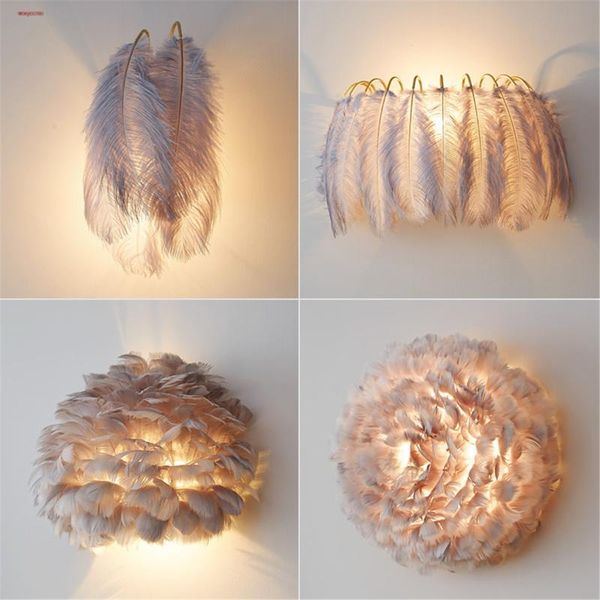 

wall lamps nordic ins feather round oval kids led lamp for girls bedroom bedside milk tea shop clothing store aisle decor night lights