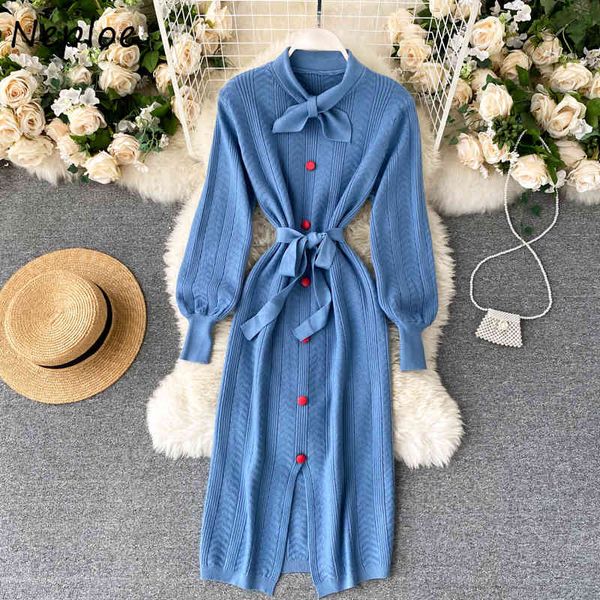 

neploe o neck lace up bow design knit sweater dress women high waist hip sashes slim vestidos single breast long sueter robe 210423, Black;gray