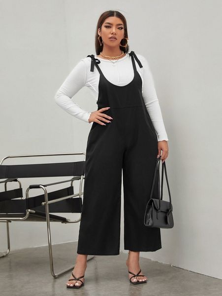 

plus tie shoulder overall jumpsuit without tee x9sq#, Black
