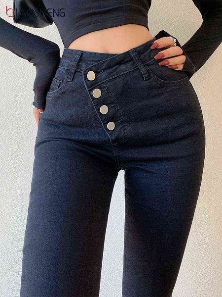 Flare Jeans Женщины с высокой растяжкой талией, разрушенные широкие брюки для ног, повышает тошная колокольчика нижняя эластичная джинсовая джинсовая наклонная муха Джин Y220311