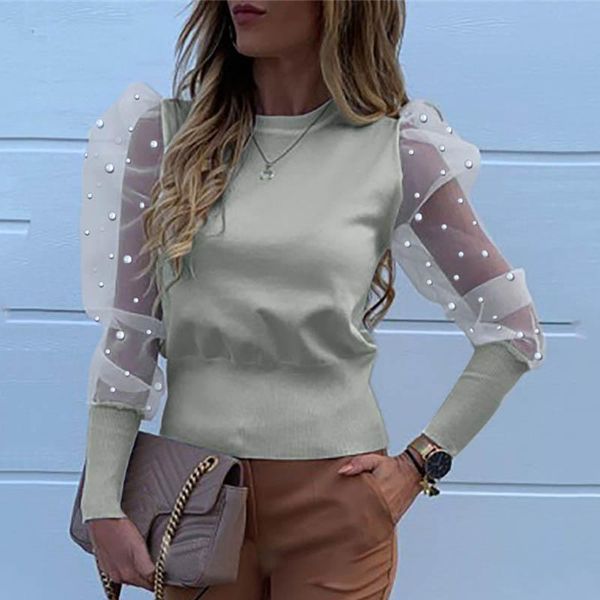 

women's t-shirt 2021 spring mesh puff female o neck long sleeve patchwork pullovers solid colour bottoming t-shirts 2xl lace t shi, White