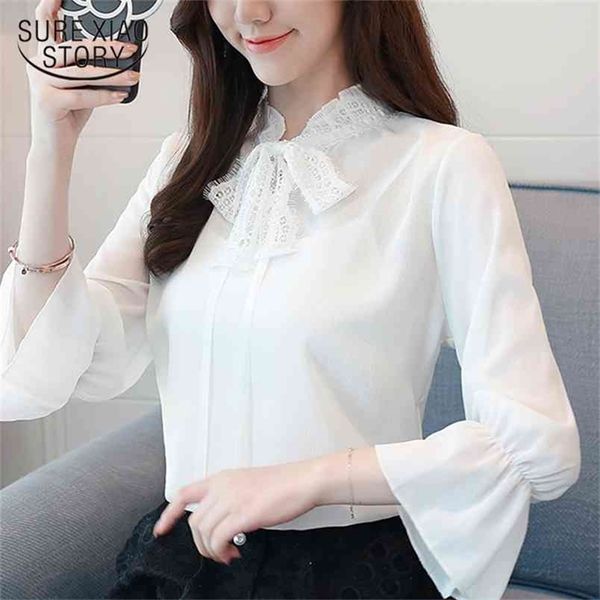 

summer pink chiffon women shirt blouse fashion sweet flare sleeve women's clothing bow shirts blusas d755 30 210506, White