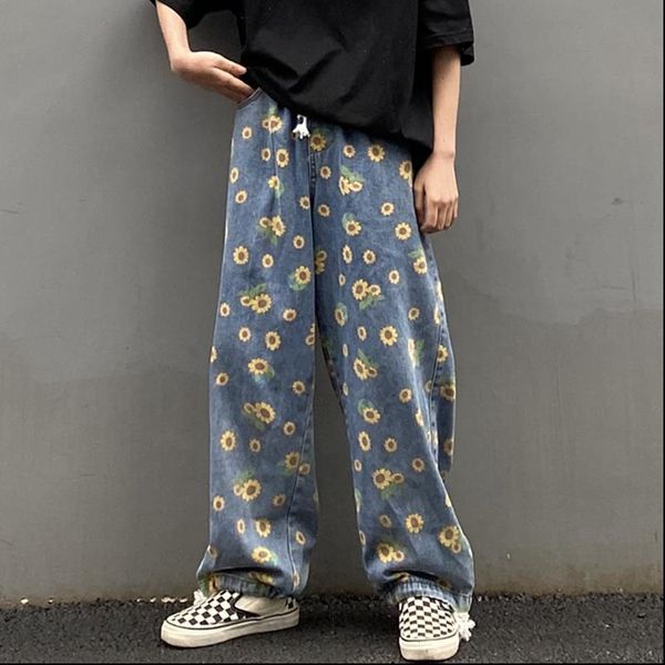 

women jean loose denim jeans sunflower printed blue wide leg pants flower pattern